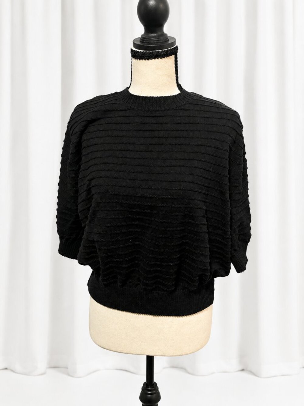 Madewell Textural-Stitch Cotton Sweater Black XXL Short Sleeve Boxy Knit Top - Picture 4 of 6